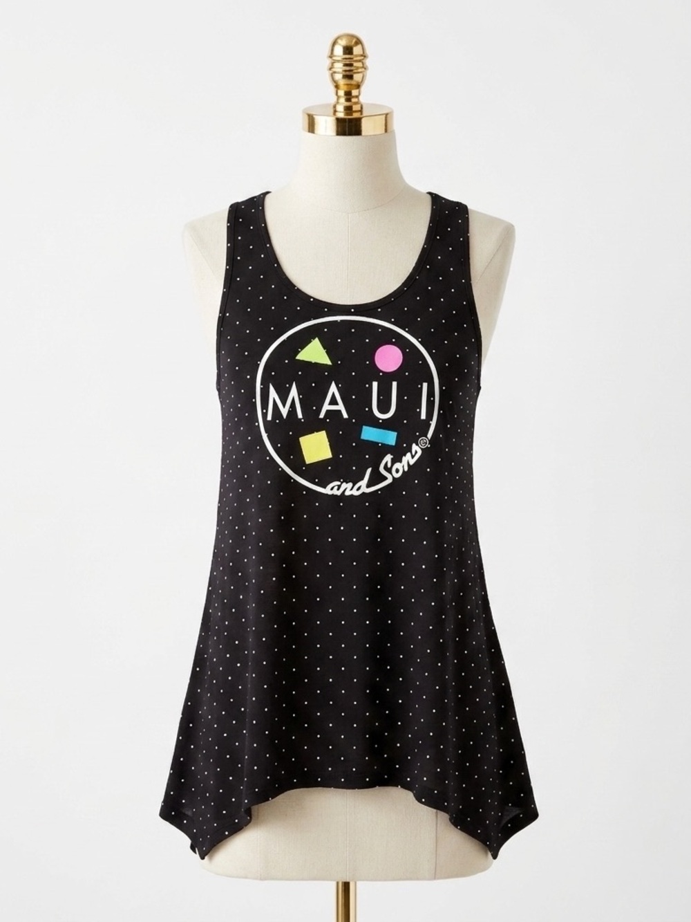 Maui and Sons Black Polka Dot Geometric Graphic Racerback Shark Tank Top Medium